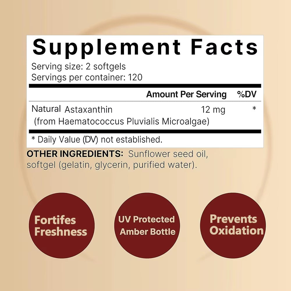 Astaxanthin 12Mg Softgels - Astaxanthin Antioxidant Supplements Supports Eye, Joint, Skin & Circulation Health, Natural Tanning